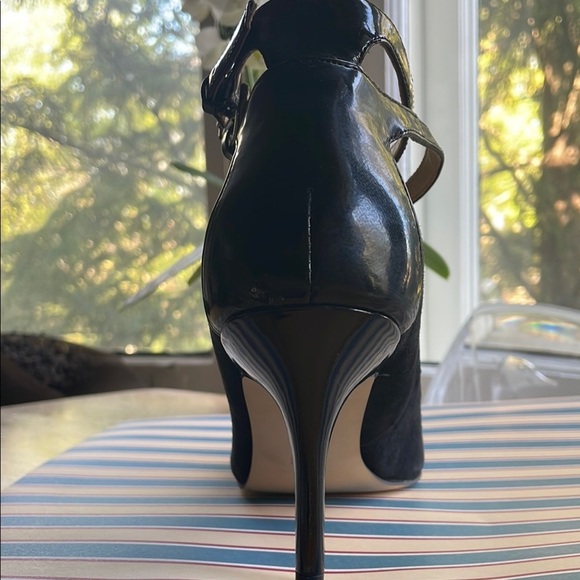 Audrey Brooke Stiletto Heels Suede Patent Trim Pointed Toe Double Strap Black - Picture 5 of 13